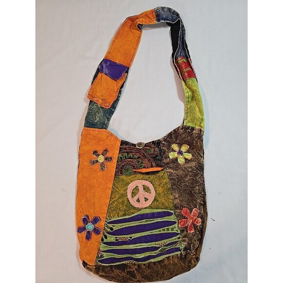 Kathmandu Imports Nepal large shoulder bag hippie boho festival Peace & Flowers - Picture 1 of 13